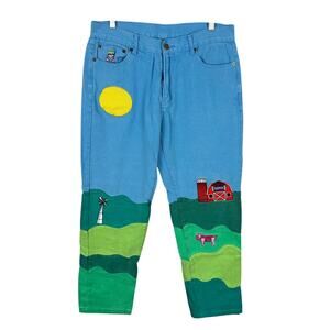 KidSuper Men's Farm Landscape Patchwork Streetwear Denim Pants 31 x 28